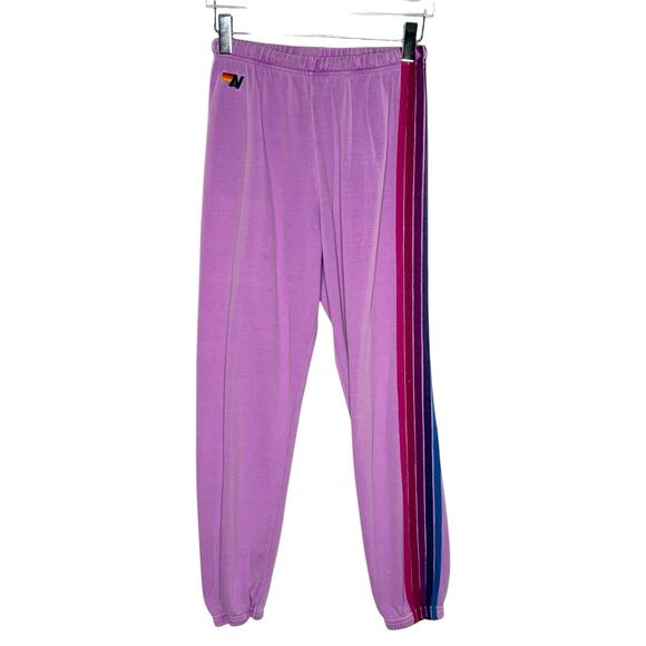 Aviator Nation M Womens 5 Stripe Sweatpants Neon Purple Pink Rainbow - Picture 2 of 10